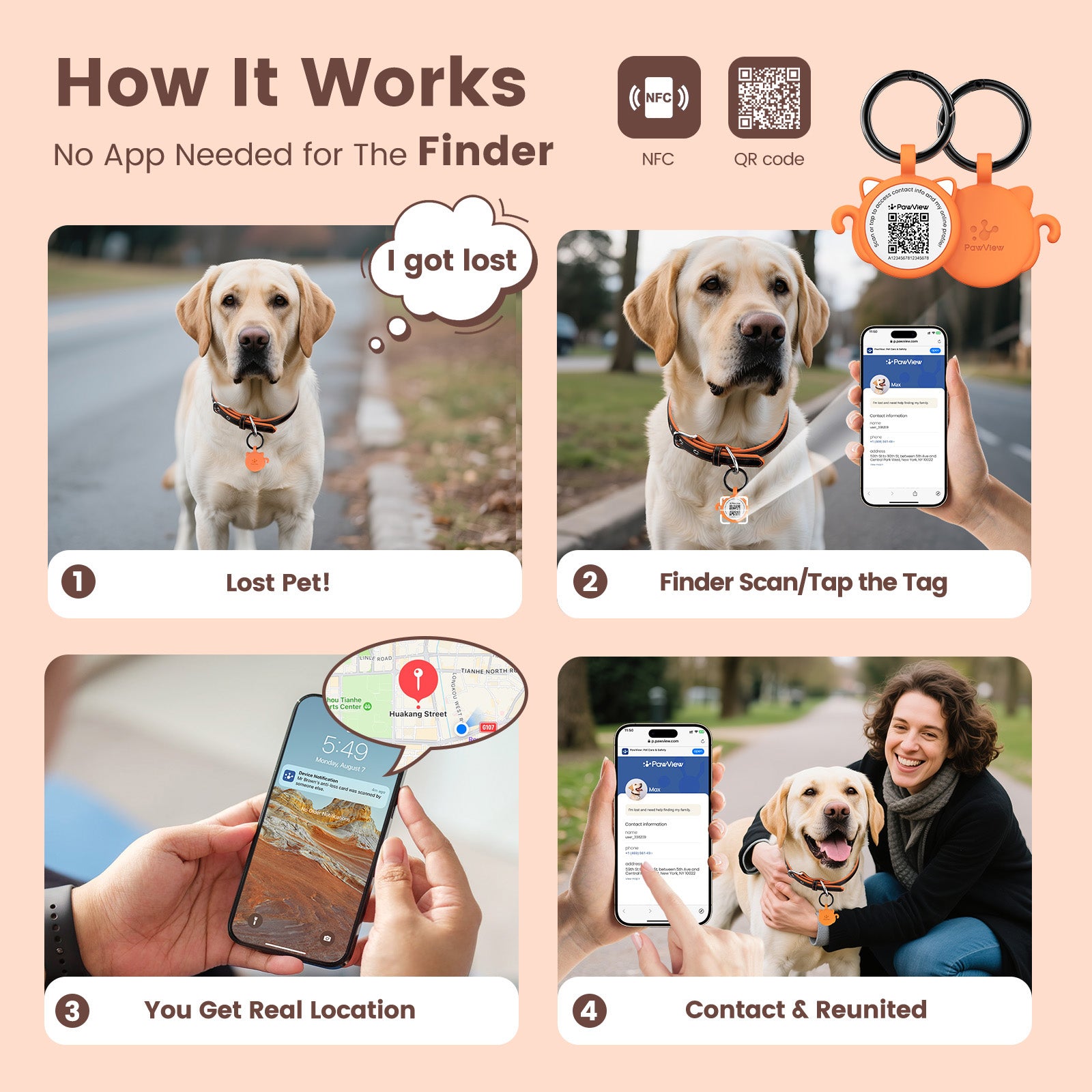 PawView Étiquette d'Identité pour Chien avec QR Code & NFC en Silicone Silencieux Personnalisable pour Animaux de Compagnie Scan QR pour Alertes de Localisation Instantanée et Profil Modifiable du Pet