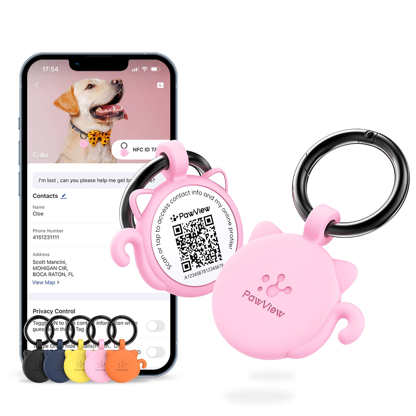 PawView Étiquette d'Identité pour Chien avec QR Code & NFC en Silicone Silencieux Personnalisable pour Animaux de Compagnie Scan QR pour Alertes de Localisation Instantanée et Profil Modifiable du Pet