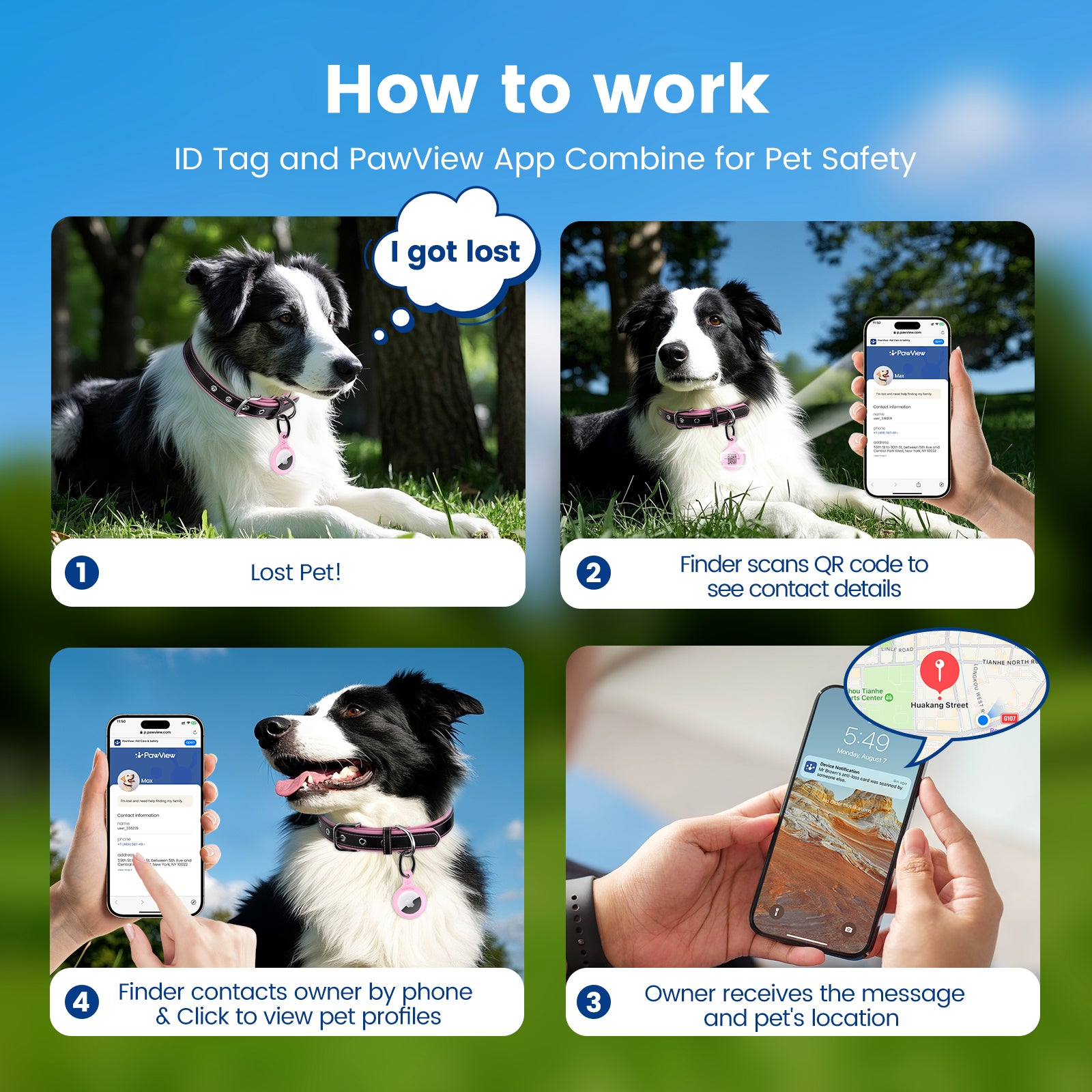 Pawview Collier pour Chien avec Tag Intelligent Ajustable et Confortable en Bleu Orange Blanc Rose Violet avec Support pour Airtag